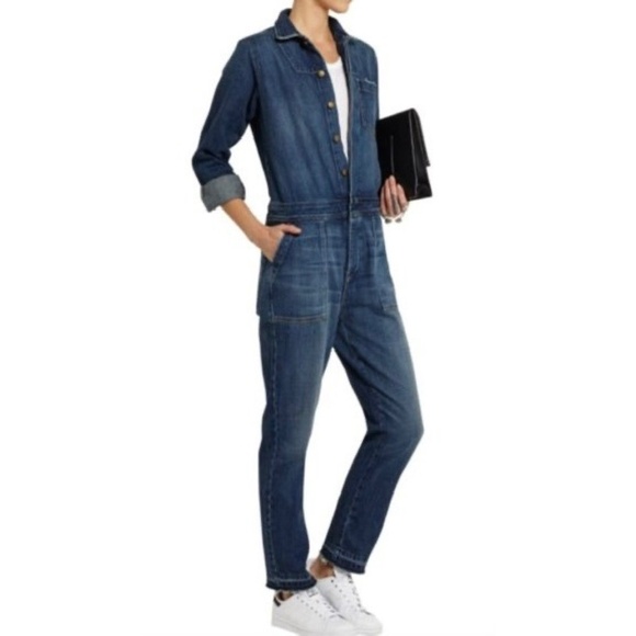 CURRENT/ELLIOTT Basic Jailbird Denim Jumpsuit Coveralls Raw Hems Pockets 0 XS - Picture 6 of 16